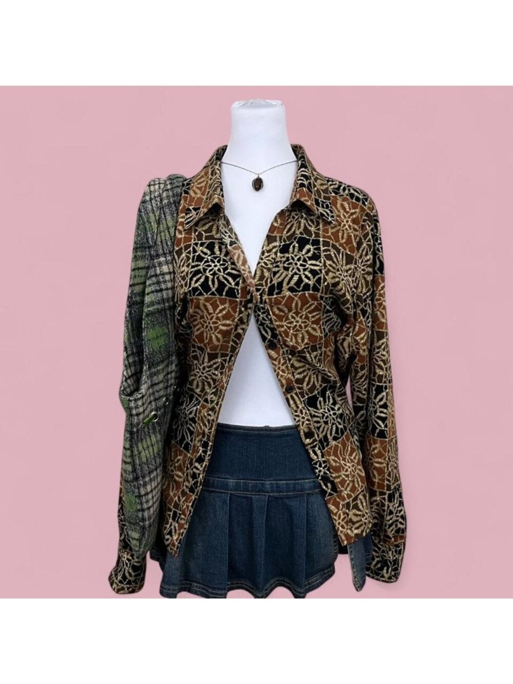 brown floral patchwork boho whimsical artsy grunge button up shirt